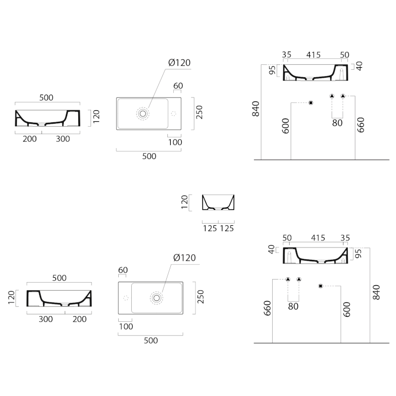 KUBE X keramické umývátko 50x25cm, bez otvoru, pravé/levé, cenere mat 9486017