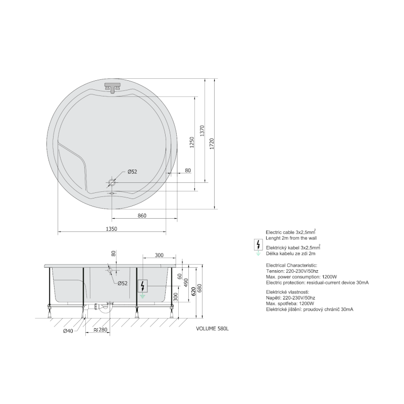 ROYAL ROUND hydromasážní vana, 172x172x49cm, Highline Hydro-Air, chrom 73211.6010