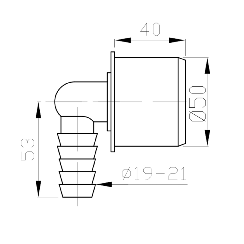 HT koncovka rohová pro připojení hadice 19-21mm, DN50 168.458.0