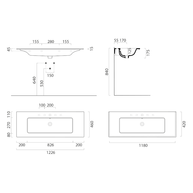 PURA keramické umyvadlo Slim 122x46cm, černá mat 8887126