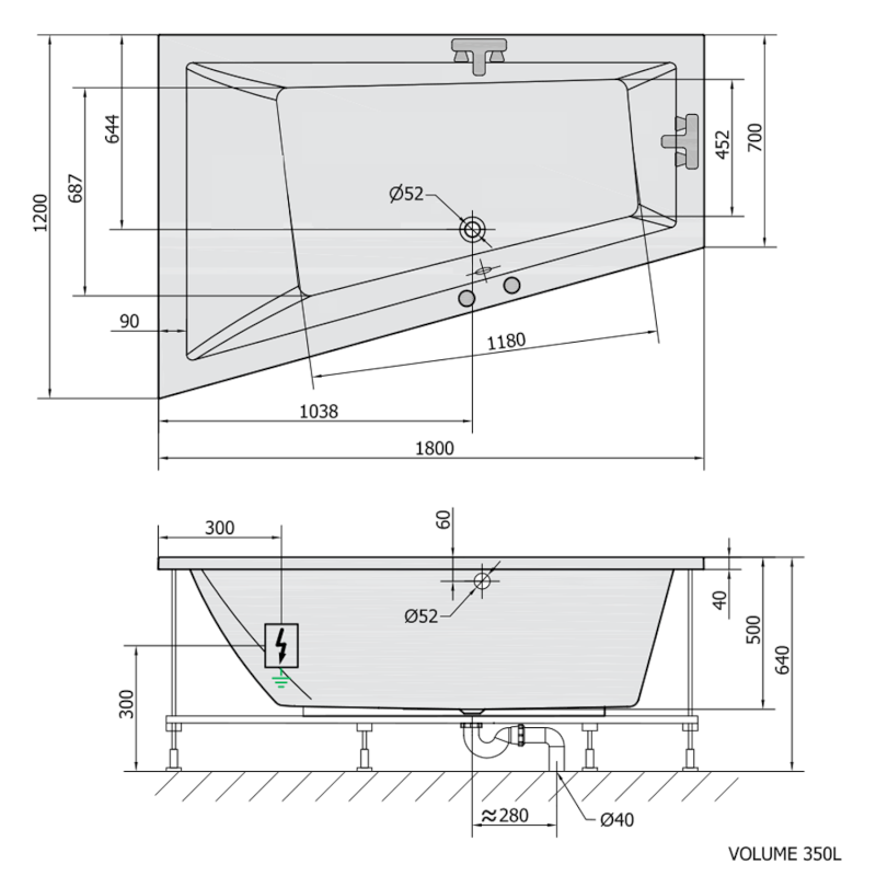TRIANGL L hydromasážní vana, 180x120x50cm, Attraction Hydro, chrom 19611.3010