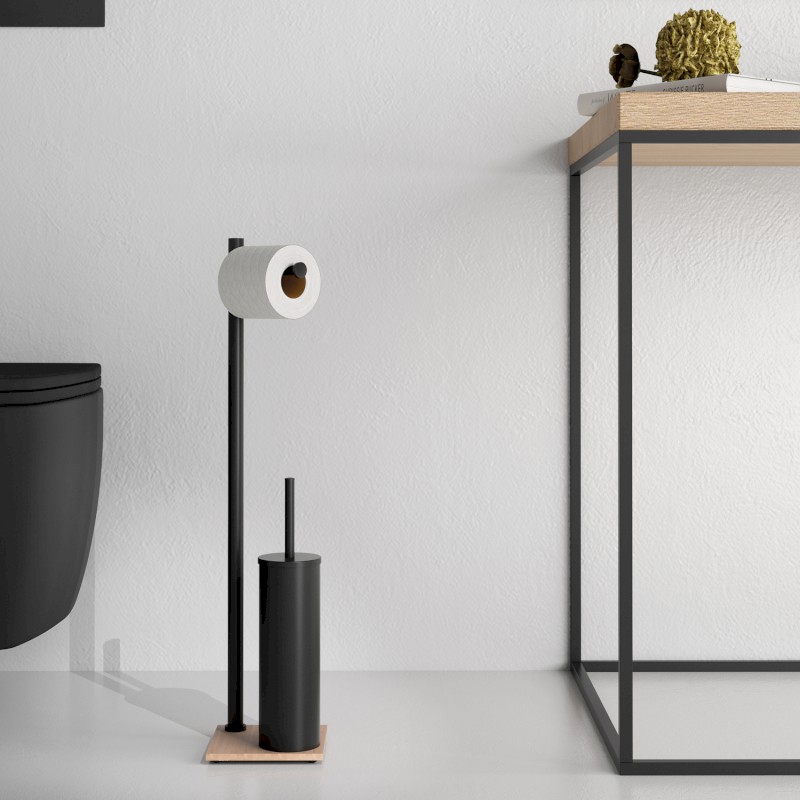TRILLY stojan s držákem na toaletní papír a WC štětkou, hranatý, černá mat/bambus TR3241
