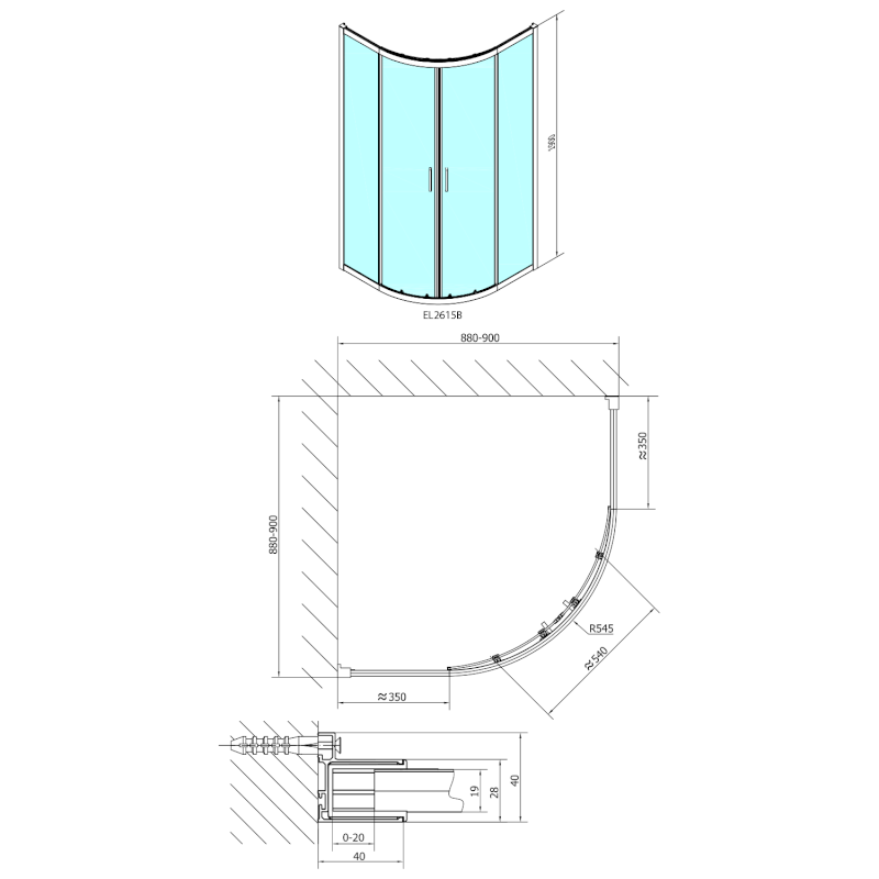 EASY BLACK čtvrtkruhová sprchová zástěna 900x900mm, L/R, čiré sklo EL2615B