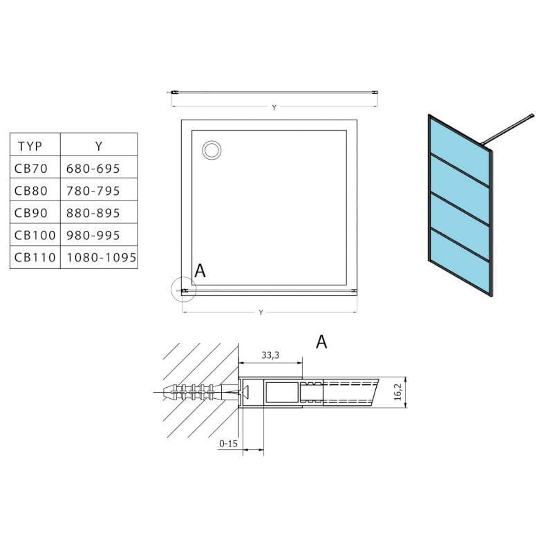 CURE BLACK sprchová zástěna 1100mm, čiré sklo CB110