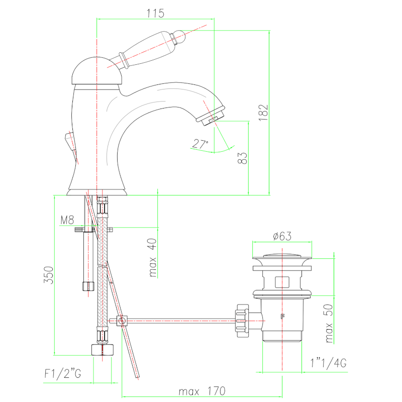 KIRKÉ WHITE stojánková umyvadlová baterie s výpustí, bílá páčka, chrom KI02BC