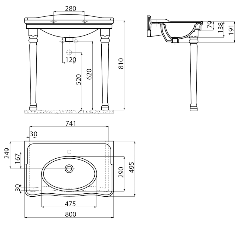 ANTIK keramické umyvadlo 80x50cm, bílá AN080