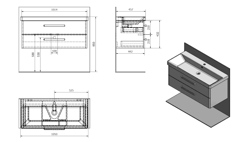 THEIA umyvadlová skříňka 101,4x43,5x44,2cm, 2xzásuvka, bílá TH105-3030