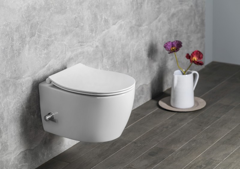 SENTIMENTI CLEANWASH závěsná WC mísa, integrovaný ventil a bidet. sprška, Rimless, 36x51cm, bílá 10ARS1010