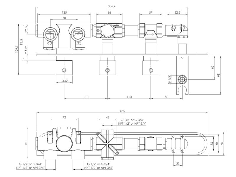 Podomítková termostatická sprchová/vanová baterie s držákem ruční sprchy,2 výstupy,hranatá,chrom MB453