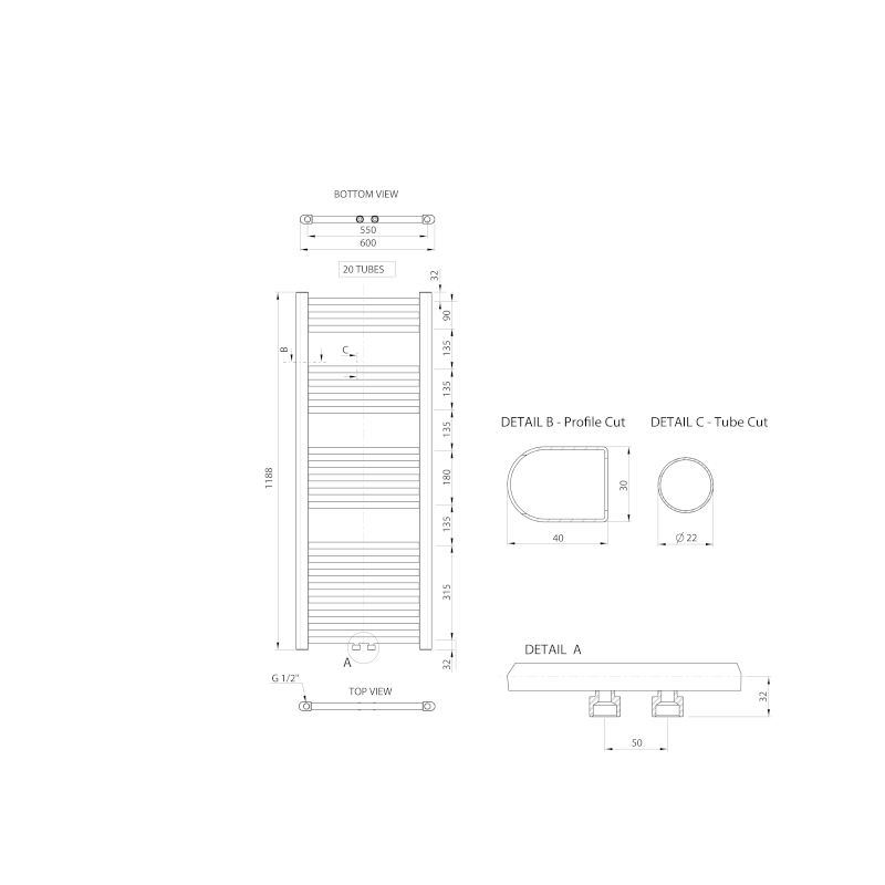 ALYA otopné těleso rovné 600x1188mm, středové připojení, chrom LLS303