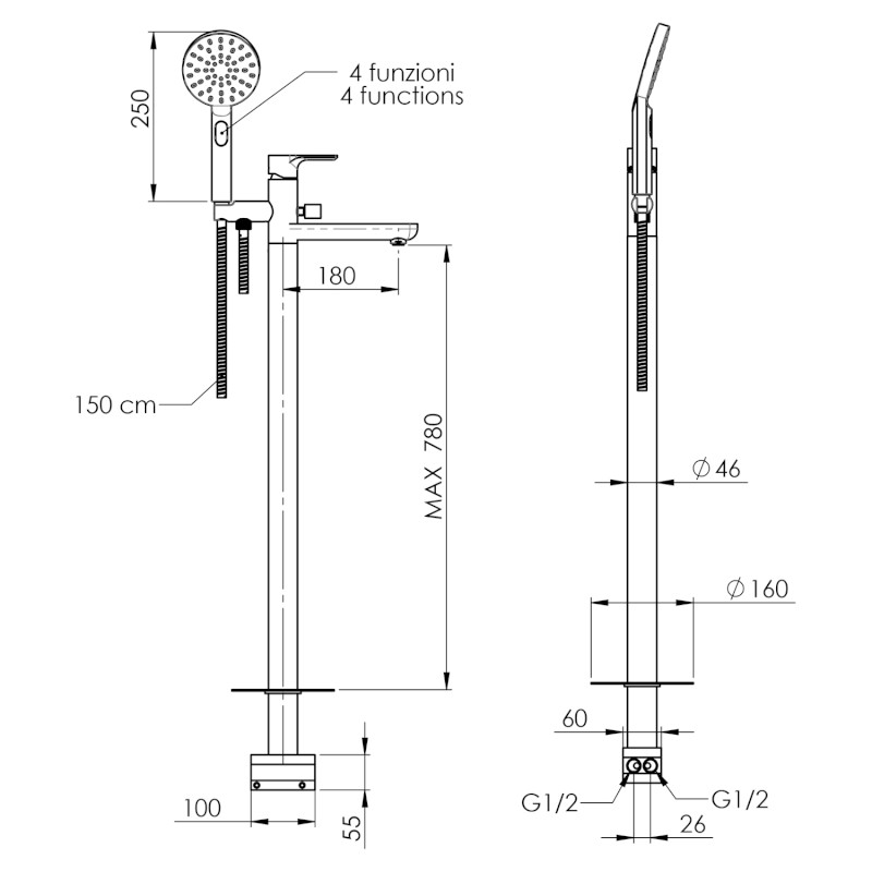 PAX vanová baterie s připojením do podlahy, černá mat XA21/15