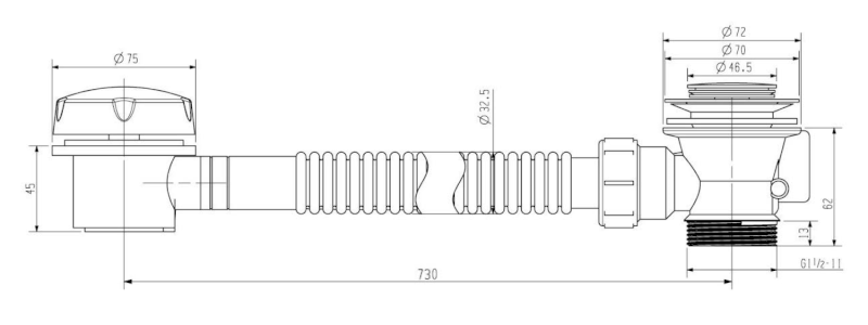 Vanová souprava s bovdenem, délka 730mm, mosaz/chrom TY1006