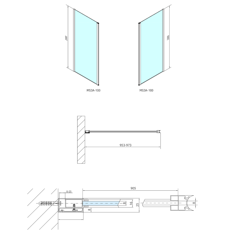 MODULAR SHOWER stěna k instalaci na zeď, pro připojení otočného panelu, 1000 mm MS3A-100