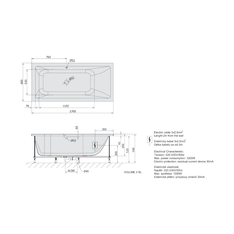MIMOA hydromasážní vana, 170x80x39cm, Highline Hydro-Air, chrom 71713.6010