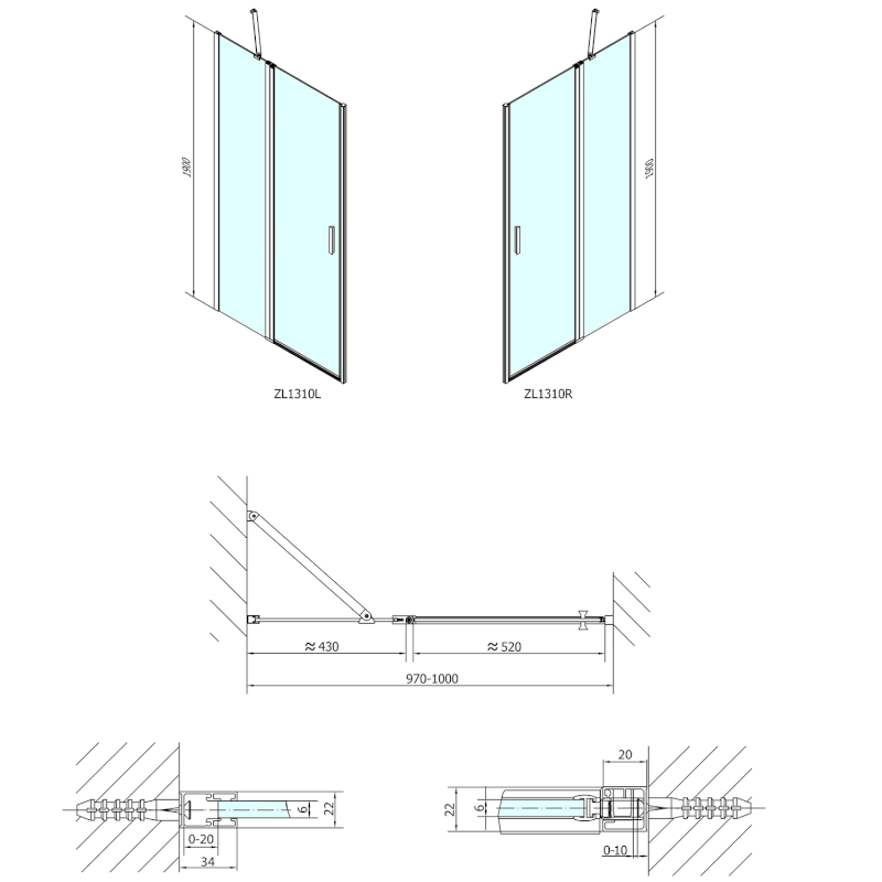 ZOOM sprchové dveře 1000mm, čiré sklo ZL1310