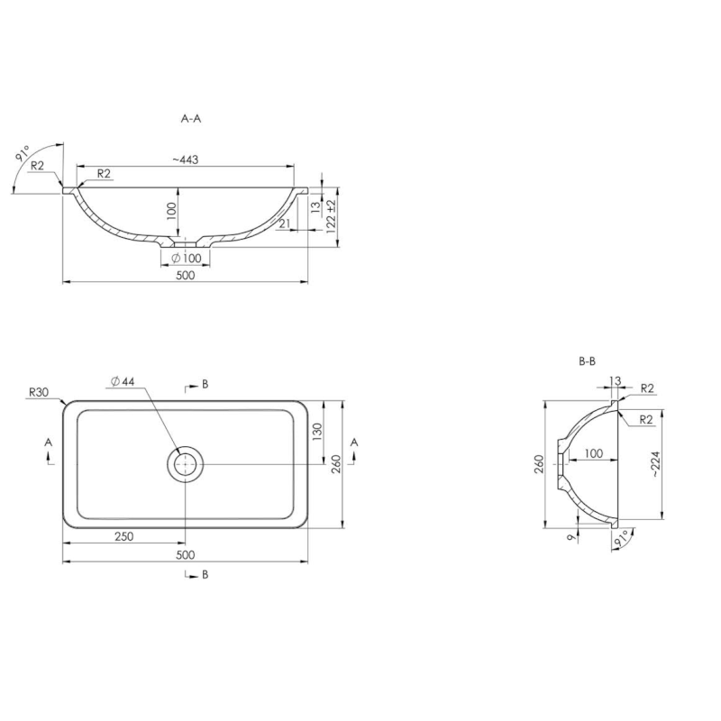 KAMA umyvadlo zápustné, litý mramor, 50x26cm, bílá 50134
