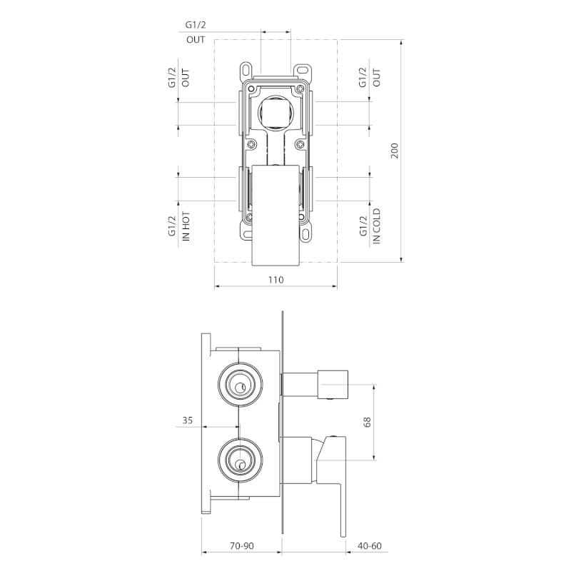 SPECTRE podomítková sprchová baterie, 3 výstupy, černá mat 1102-87B
