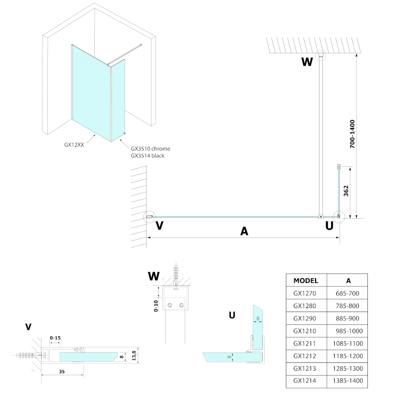 VARIO přídavný panel 350mm, čiré sklo, černá GX3514