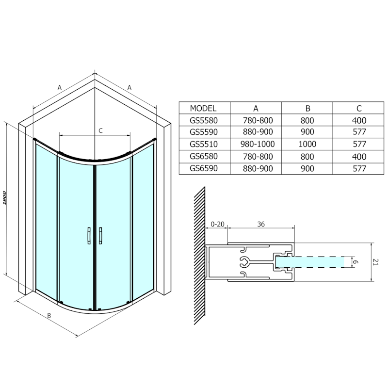 SIGMA SIMPLY čtvrtkruhová sprchová zástěna 1000x1000 mm, R550, čiré sklo GS5510