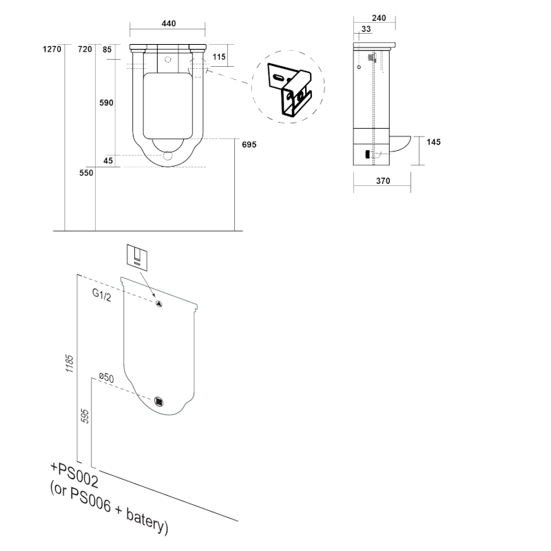 WALDORF urinál se zakrytým přívodem vody, 44x72cm, černá mat 413031