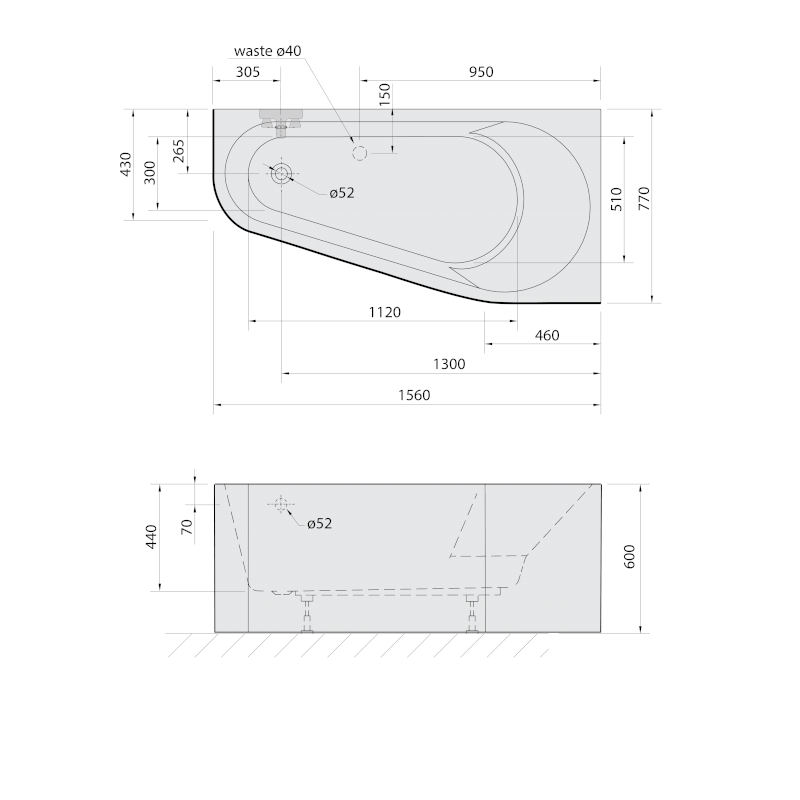 PROJEKTA R MONOLITH asymetrická stojící vana 156x77x60cm, bílá/černá 21111MB