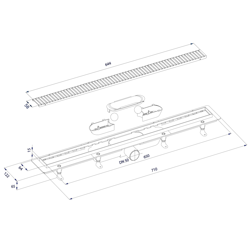 Podlahový žlab s nerezovým roštem, L-710, DN50 700.157.2