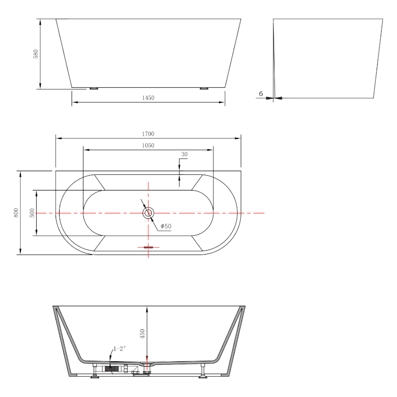 TAJO nástěnná stojící vana, 170x80cm, bílá E1980