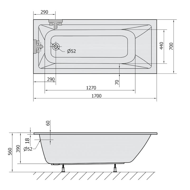 NOEMI SLIM obdélníková vana 170x70x39cm, bílá 71708S