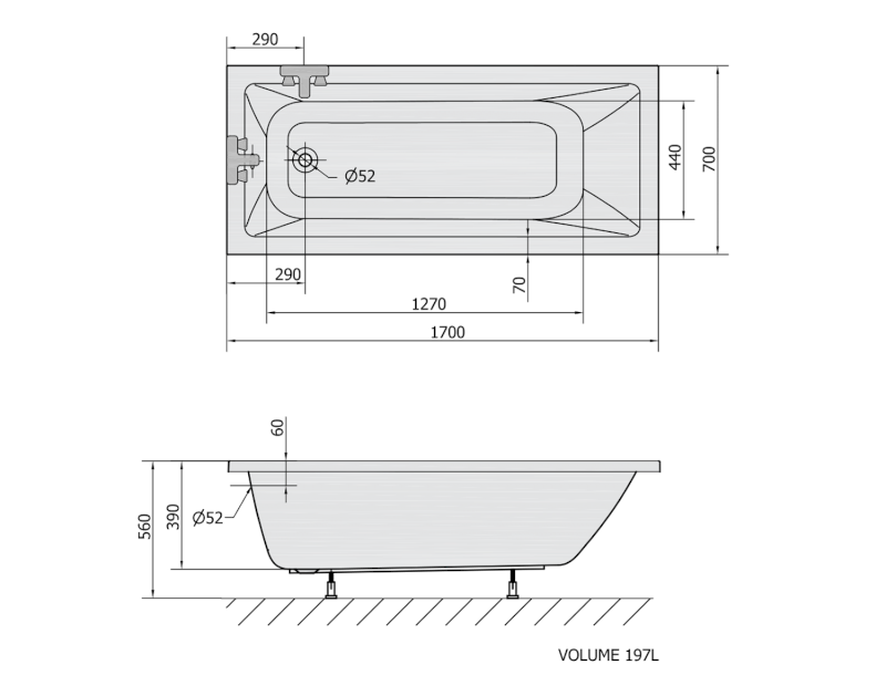 NOEMI obdélníková vana 170x70x39cm, šedá 71708.30