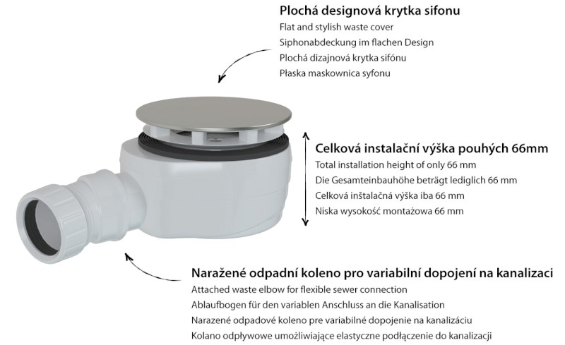 Vaničkový sifon, průměr 90mm, DN40, nízký, krytka nerez lesk 17916