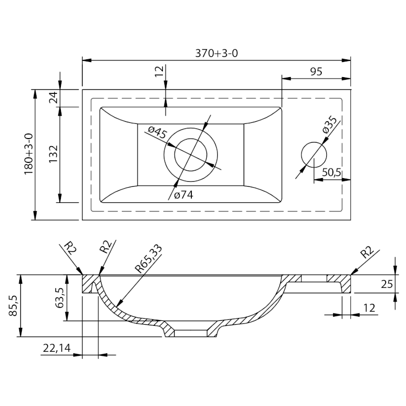 Umývátko nábytkové, litý mramor, 37x18cm, bílá LM370