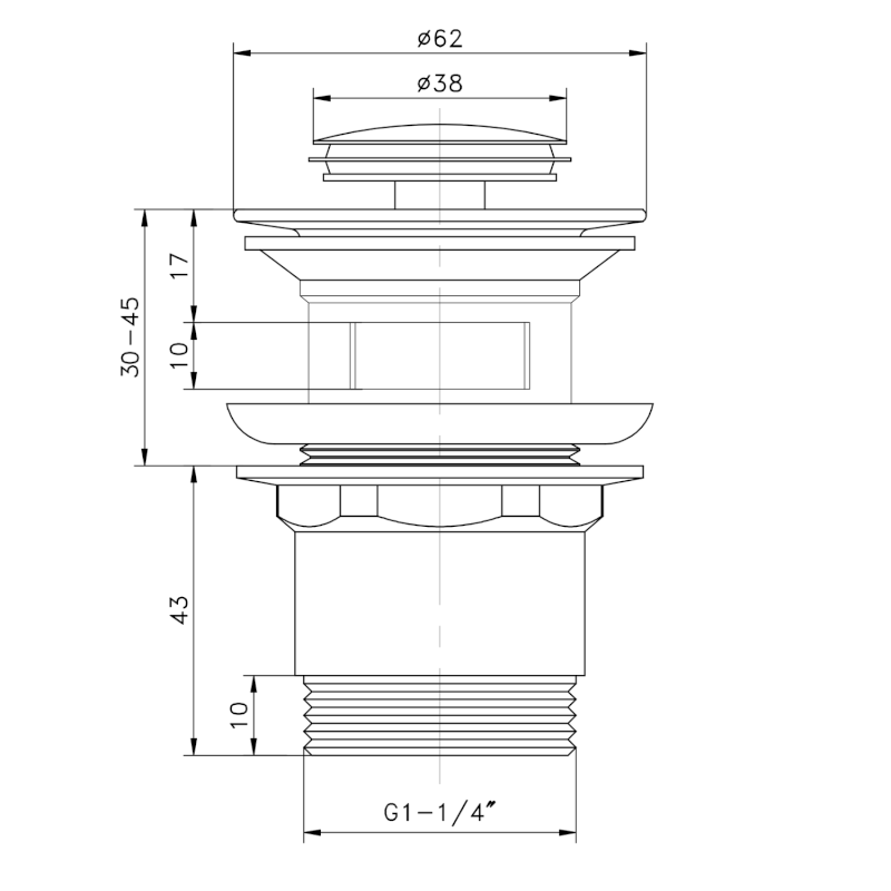 Umyvadlová výpust 5/4“, click-clack, malá zátka, 30-45mm, chrom TF8001
