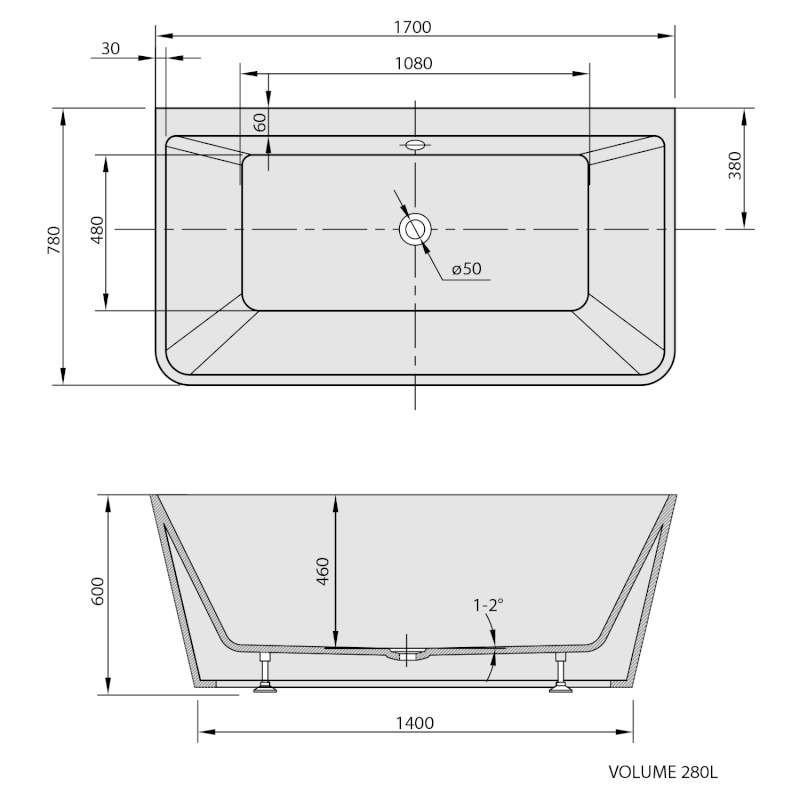 LIBERTA D nástěnná stojící vana 170x78x60cm, bílá 20392
