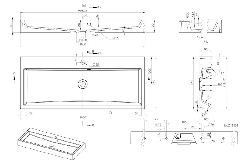 ORINOKO umyvadlo, litý mramor, 100x42cm, bílá OR100