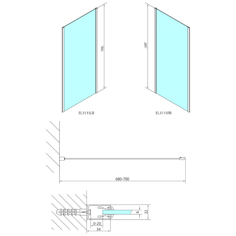 EASY BLACK boční stěna 700mm, čiré sklo EL3115B