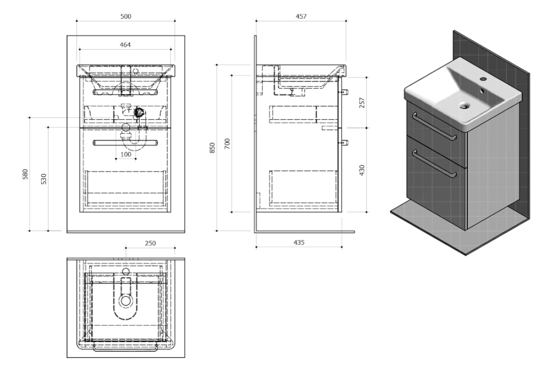 THEIA umyvadlová skříňka 46,4x70x44,2cm, 2xzásuvka, borovice rustik TH050-1616