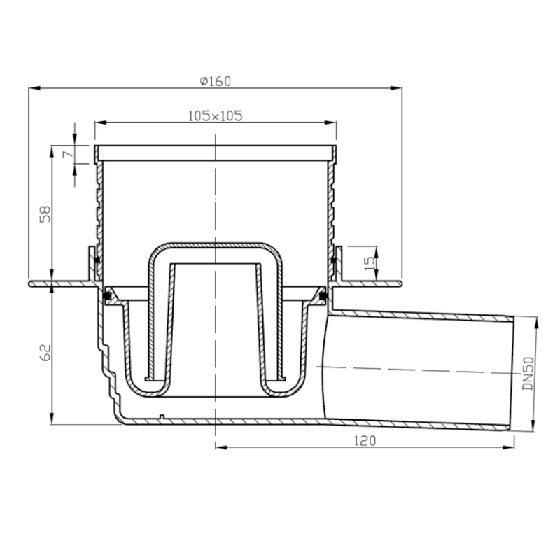 Podlahová vpust 105x105 boční, DN50, mřížka nerez lesk 183.018.0