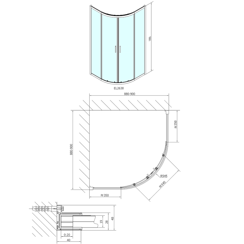 EASY čtvrtkruhová sprchová zástěna 900x900mm, sklo BRICK EL2638