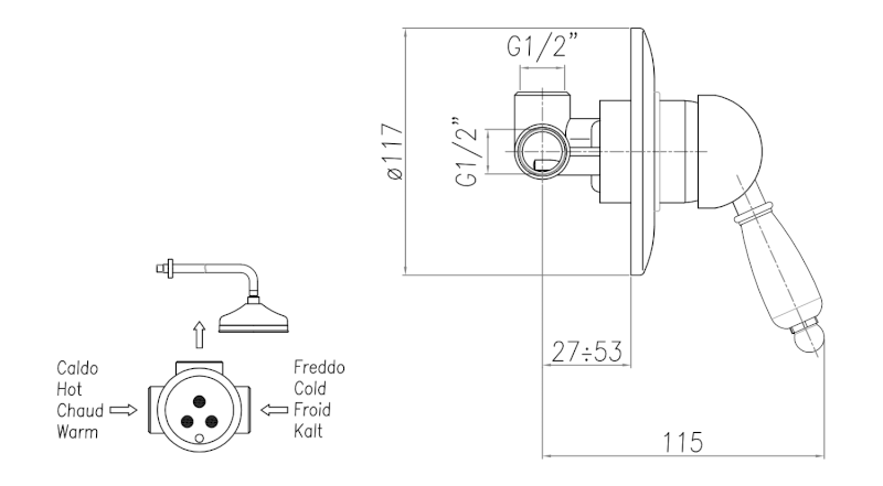 KIRKÉ WHITE podomítková sprchová baterie, 1 výstup, bílá páčka, zlato KI41BZ
