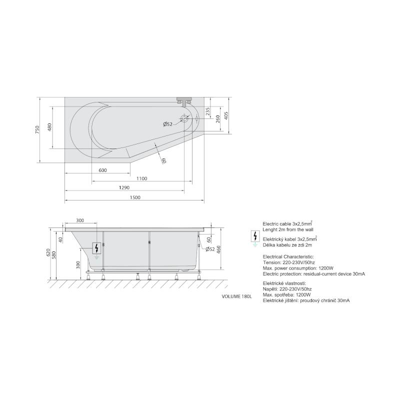TIGRA L hydromasážní vana, 150x75x46cm, Attraction Hydro-Air, chrom 72928.4010