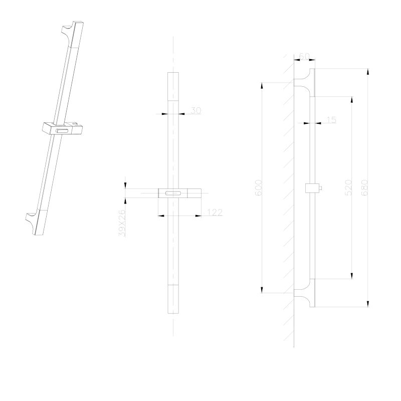 Sprchová tyč, posuvný držák, hranatá, 680mm, ABS/zlato mat 1206-07GB