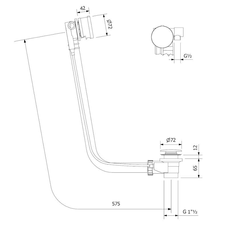 Vanová souprava s napouštěním, bovden, délka 575mm, zátka 72mm, bílá 71684W