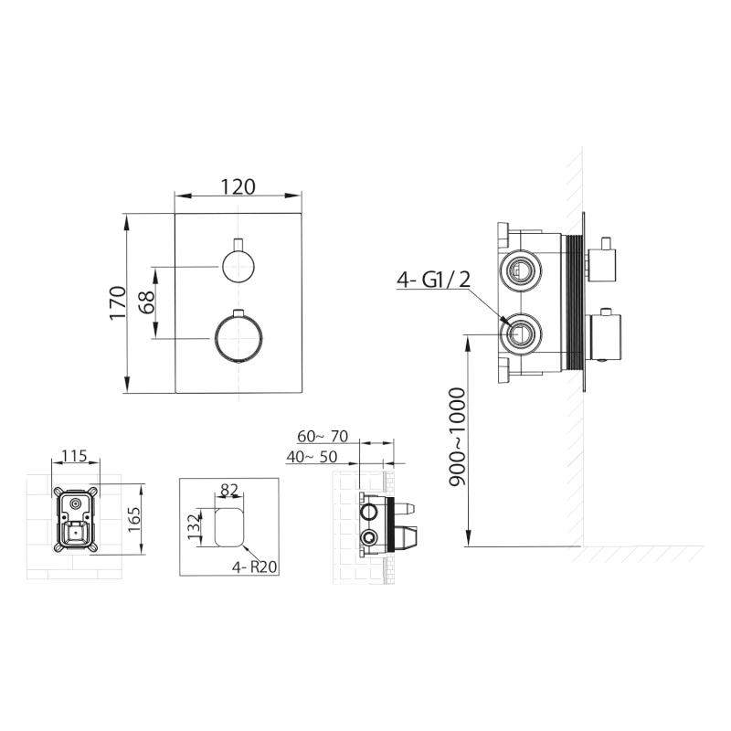 KIMURA podomítková sprchová termostatická baterie, box, 2 výstupy, chrom KU682
