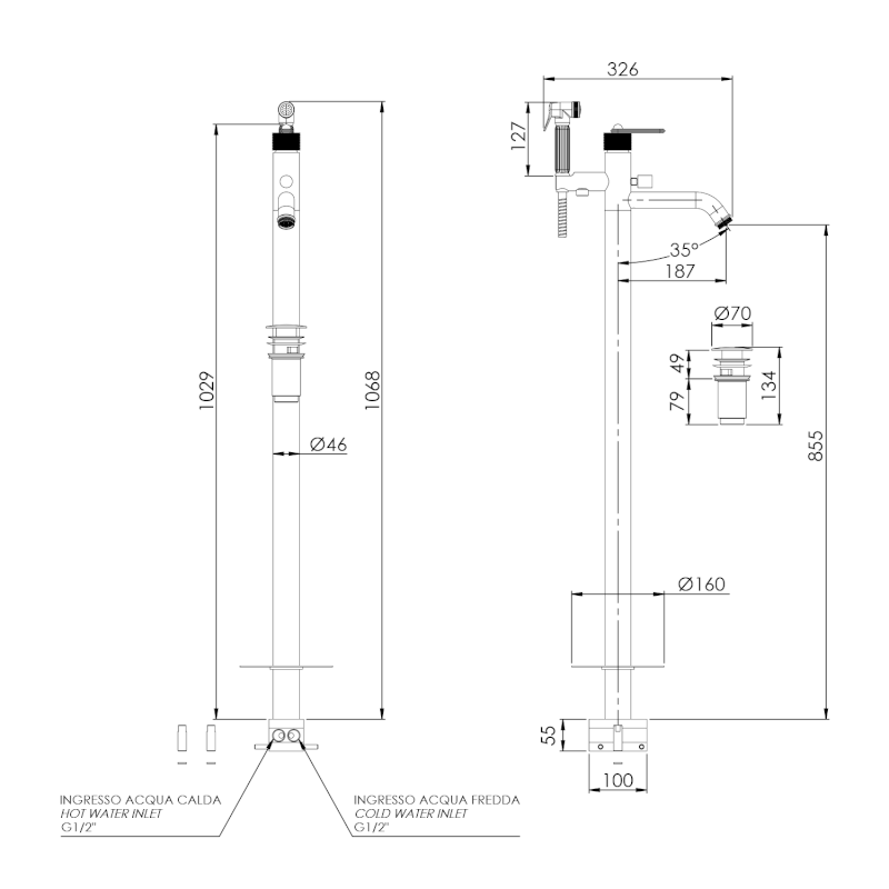 BEBÉ vanová baterie s připojením do podlahy, bronz BB021/18