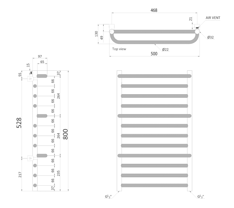 MANISA otopné těleso 500x800mm, se třemi madly pro ručník, chrom IZ110