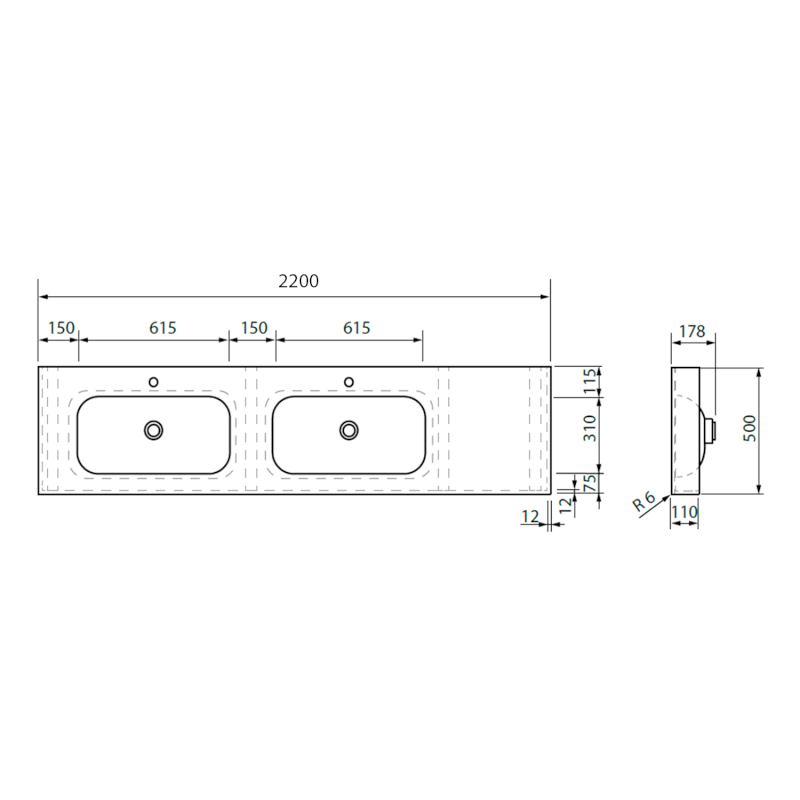 EMICO dvojumyvadlo, Rockstone, 220x50cm, límec L, levé, bílá mat EM220-B2L-L