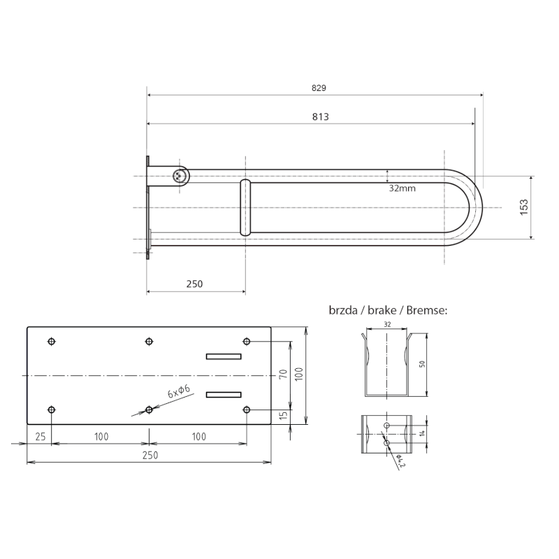 HANDICAP madlo sklopné 813mm, nerez lesk XH518