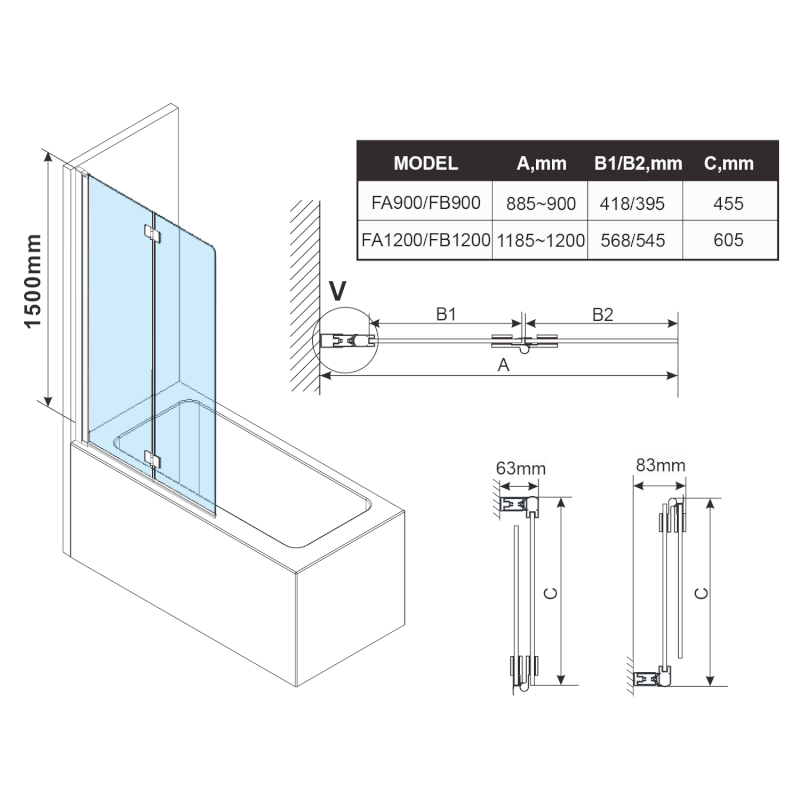 ROTA vanová zástěna skládací 900mm, čiré sklo FA900
