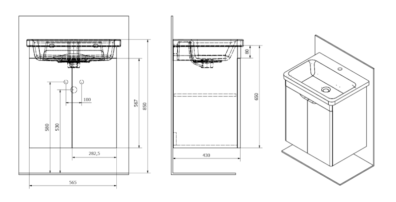 ELLA umyvadlová skříňka 56,5x65x43cm, 2x dvířka, bílá EL065-3030