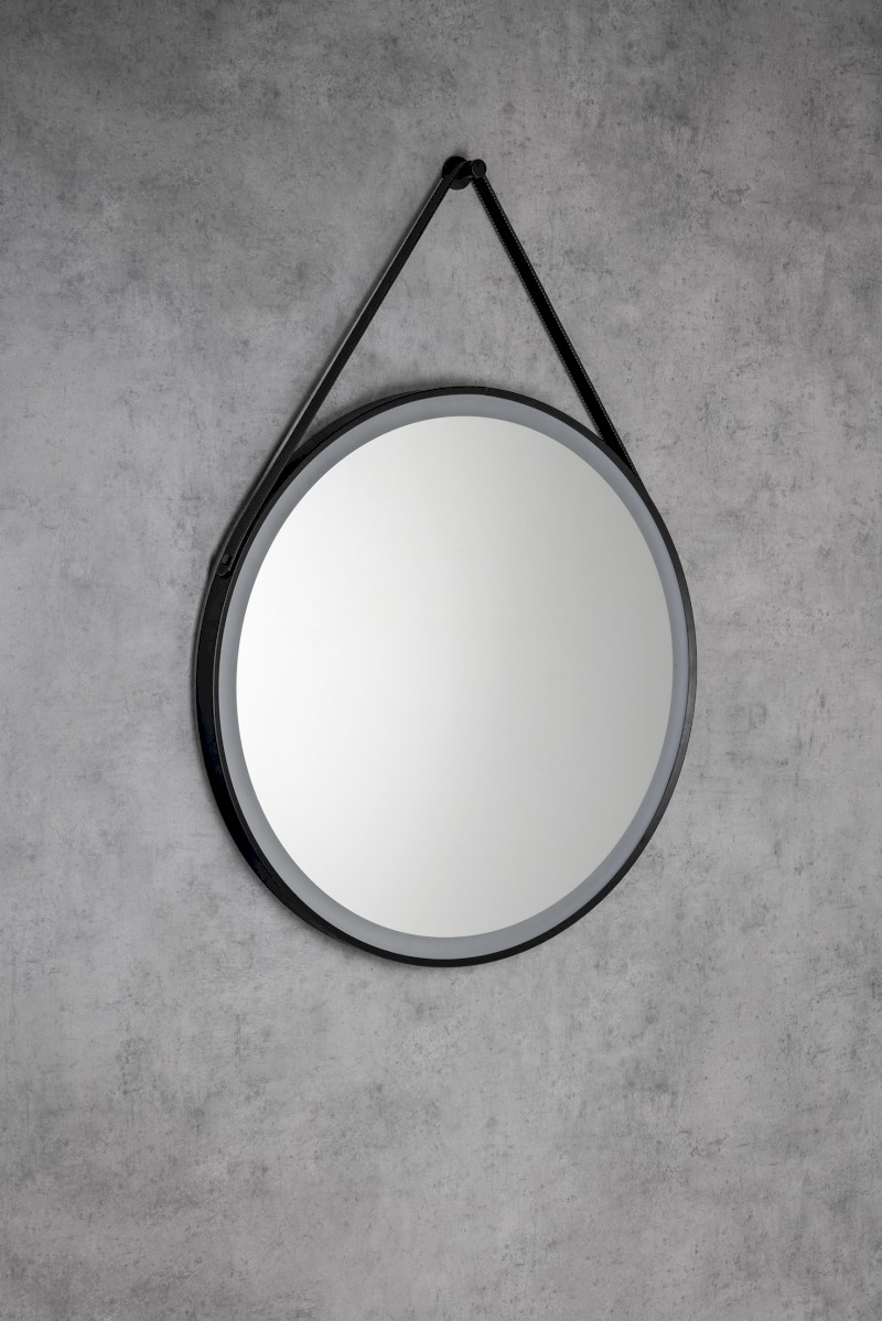 STAGO kulaté zrcadlo s LED osvětlením ø 60cm, kožený pásek, dotykový senzor, stmívatelné, černá mat SG060